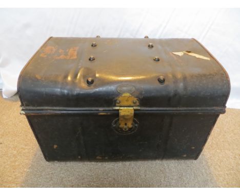 Vintage blue tin trunk.