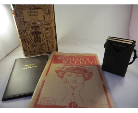 Cased Communal book set; Gulliver's Travels book; Treasures of Tutankhamun (12 slides) & First edition Woman's Weekly.