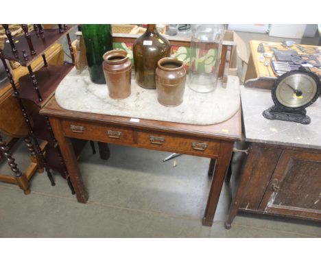 A side table fitted two drawers and a marble and tile back wash stand top 