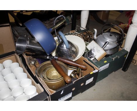 Two boxes containing kitchenalia, pendent light fitting etc.