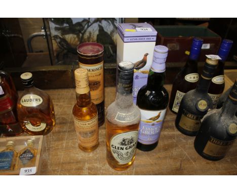 A bottle of Glenmorangie single malt whisky, a bottle of Famous Grouse malt whisky and a bottle of Glengrant Highland Malt Sc