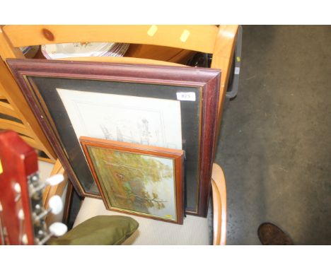 An oil on board study of pheasants, watercolour study of farmyard and a print of aircraft
