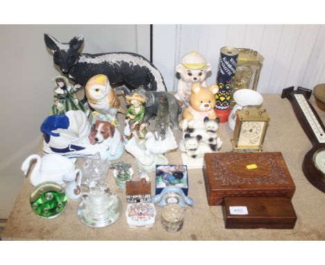 A Beswick model of an owl, various other ornaments and figurines, glass paperweight, various clocks, trinket boxes etc

