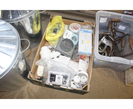 A quantity of various items to include plug sockets, wall light switches, plumbing fittings, plugs etc.