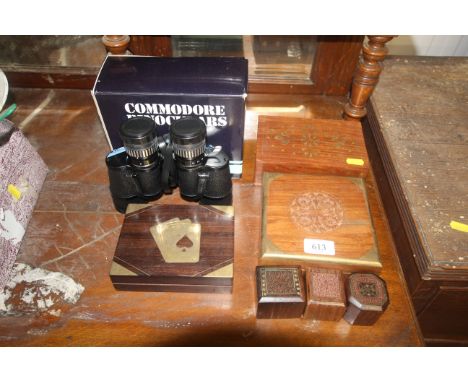 A pair of Commadore 14 x 35 binoculars, a collection of brass inlaid card boxes and trinket boxes