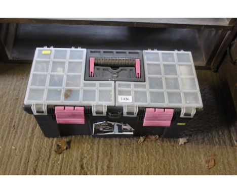 A plastic tool box and contents of various hand tools, screw drivers, hand drill, hammers and fixings