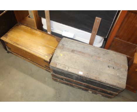 A vintage wooden and metal bound dome topped trunk and a grain pine box AF