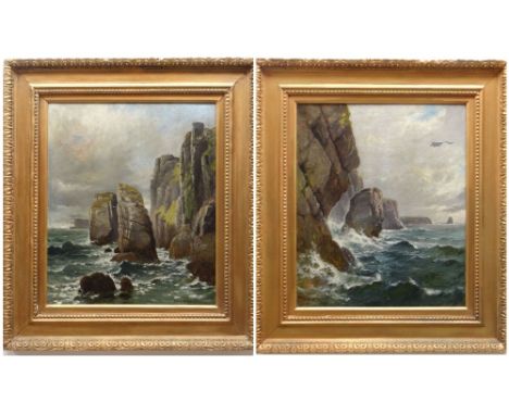 WALTER GODDARD (Welsh, 1858-1933) oils on canvas - rocky coastal seascape, signed and dated 1905, 60 x 49cms (pair) (2) Condi