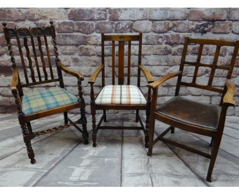 THREE OAK ARMCHAIRS, one with bobbin turned legs, barley-twist stretchers and foliate carved cresting rail (3)