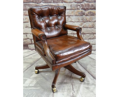 'REPRODUX' GEORGIAN-STYLE LEATHER DESK CHAIR, button upholstered in brown leather