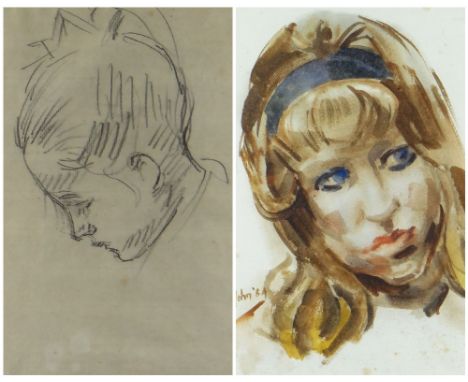 TWO WORKS BY EDWIN JOHN (1905-1978) comprising watercolour of a head of a young woman, signed &amp; dated '64, 30.5 x 21.5cms