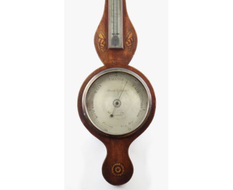 19TH CENTURY MAHOGANY &amp; MARQUETRY TWO-GLASS WHEEL BAROMETER, Baretti &amp; Abatte, 94cms h Condition: case worn, cornice 