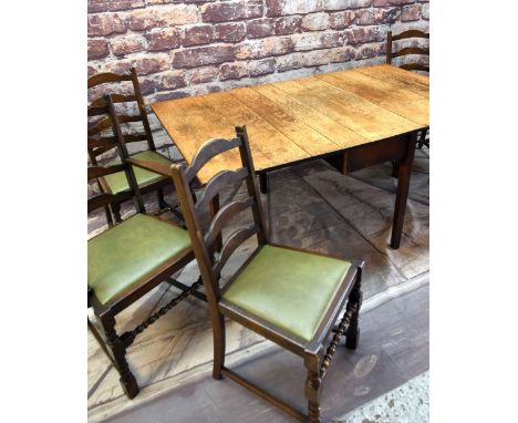 ANTIQUE OAK DROP FLAP TABLE &amp; SET DINING CHAIRS, table with gateleg action, 165 x 98cms; the six late 20th C. reproductio