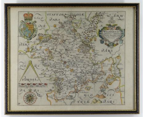 CHRISTOPHER SAXTON &amp; WILLIAM HOLE antiquarian coloured map of Worcestershire from Camden's Britannia, with coat of arms, 