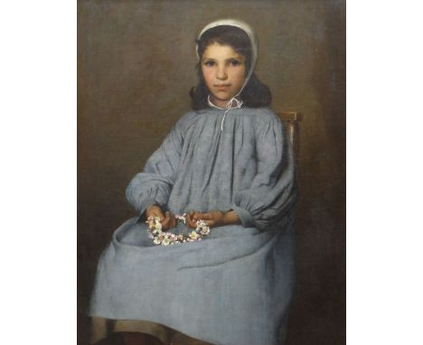 LATE 19TH CENTURY FRENCH SCHOOL oil on canvas - portrait of a girl in white cap and blue frock, holding a daisy garland, unsi