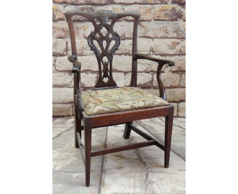 CHIPPENDALE-STYLE CARVED MAHOGANY CHILD'S ARMCHAIR, pierced and carved splat, needlepoint embroidered tapering square seat, s