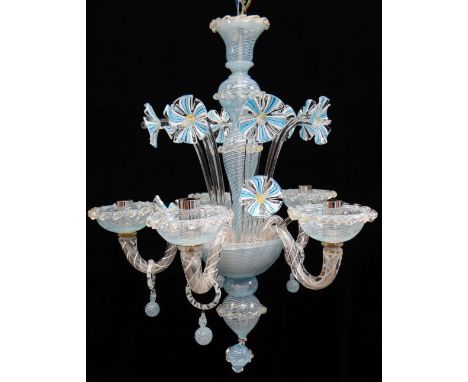 MODERN ITALIAN GLASS FIVE-LIGHT CHANDELIER, probably Murano, latticino blue and opaque white glass with aventurine highlights