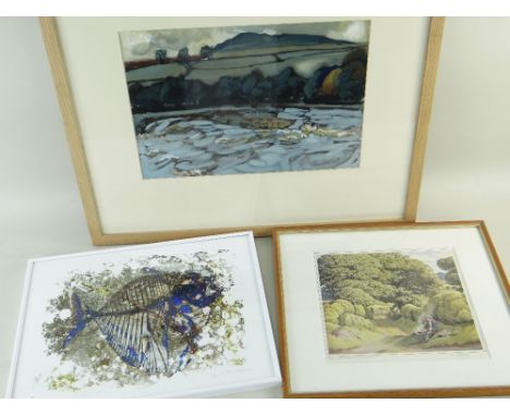 THREE FRAMED PICTURES: (1) JASON HODGES limited edition (1/20) digital print on white paper - fish skeleton, signed, 29 x 39c