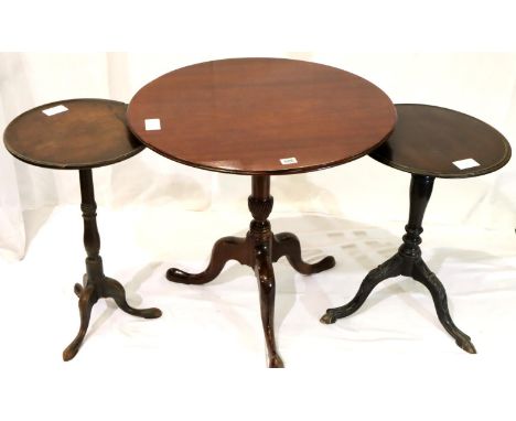 Three 19th century circular occasional tables on tripod bases, largest D: 75 cm. Not available for in-house P&amp;P, contact 