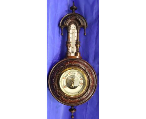 Victorian barometer thermometer in a mahogany case, H: 46 cm. Not available for in-house P&amp;P, contact Paul O'Hea at Mailb