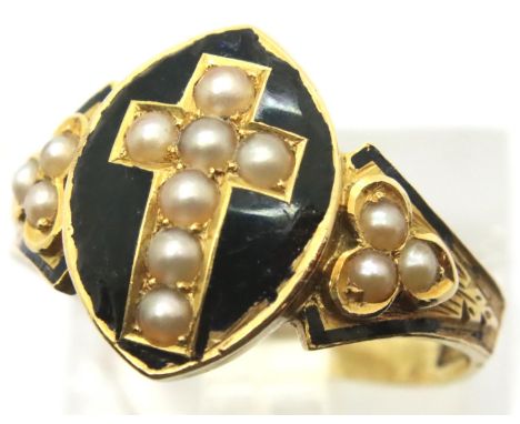 18ct gold stone set cross ring set with seed pearls, size M/N, 3.3g, some enamel on face worn around edges. P&amp;P Group 1 (