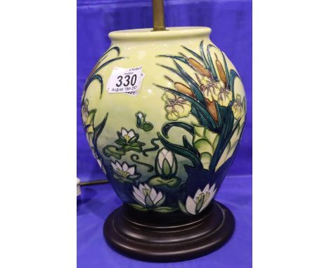 Substantial Moorcroft baluster form lamp base in the Lillies pattern, with its original supplied shade, overall H: 59 cm. No 