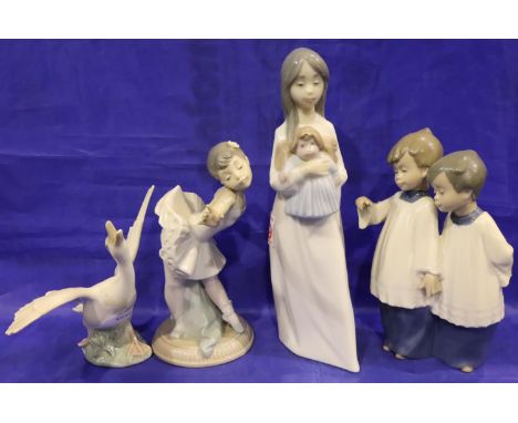 Three Nao figurines and a Lladro Goose. Damage to choirboys, no other damage. P&amp;P Group 3 (£25+VAT for the first lot and 