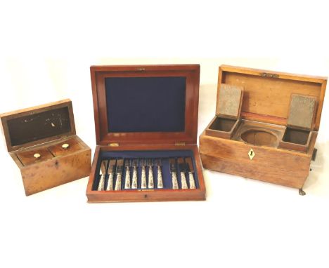 Large and small sarcophagus tea caddies and a cased fish service, lacking one fork. P&amp;P Group 3 (£25+VAT for the first lo