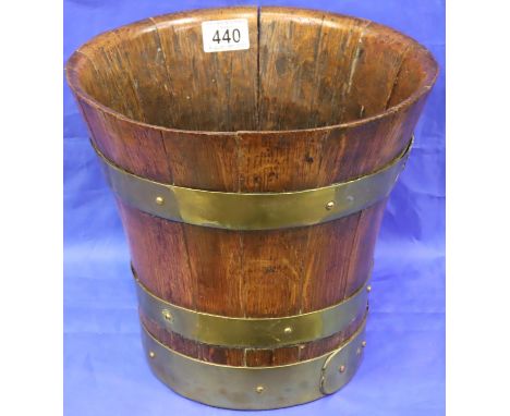 Coopered brass bound planter, H: 29 cm. P&amp;P Group 3 (£25+VAT for the first lot and £5+VAT for subsequent lots) 