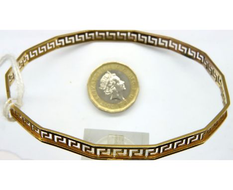 9ct gold Greek key design bangle, 7.8g. P&amp;P Group 1 (£14+VAT for the first lot and £1+VAT for subsequent lots) 
