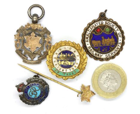 Two enamel badges including Royal Engineers, two fobs including a silver example with gold wash and a pin. P&amp;P Group 1 (£