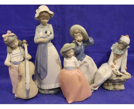 Five Nao mixed figurines, cello bow present but not attached. largest H: 25 cm. P&amp;P Group 3 (£25+VAT for the first lot an