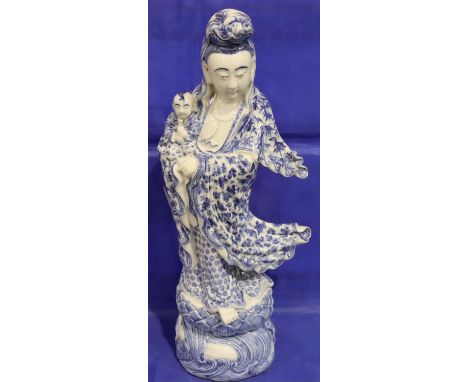 Blue and white ceramic Oriental figure. H: 39 cm. No cracks, chips or visible restoration. P&amp;P Group 3 (£25+VAT for the f