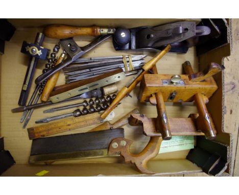 A plough plane, by Varvill and Son of York, with full set of irons; together with other woodworking tools. 