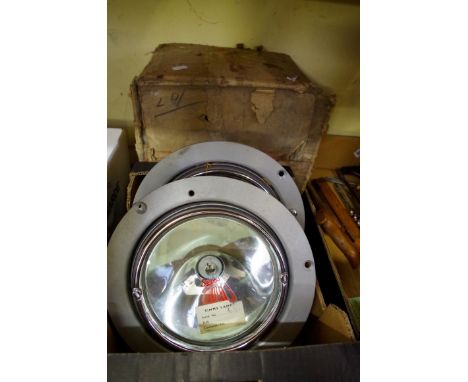 A pair of vintage Simms bus or coach headlights, in original card box, apparently unused. 