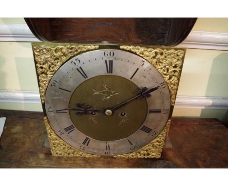 An oak double fusee hooded wall clock, the 10¼ in square brass dial with silvered chapter ring inscribed 'Friedrich, Worceste