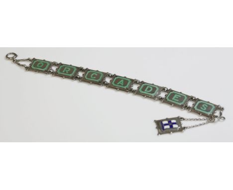 A sterling silver enamel 'ORCADES' bracelet,by Mappin and Webb, Birmingham 1953, a series of rectangular plaques, each one de