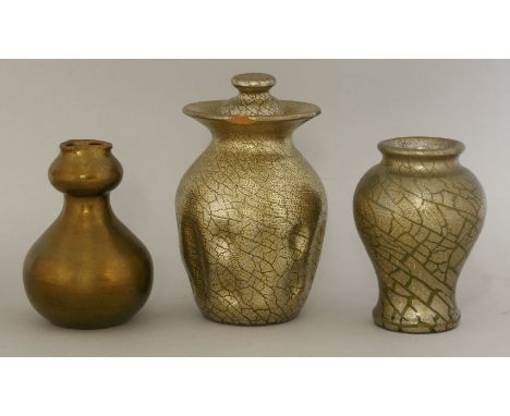 Three Elton 'Sunflower' pottery crackled glaze vessels,a vase and cover, with a dimpled body, chip to rim,17.5cm high,a doubl