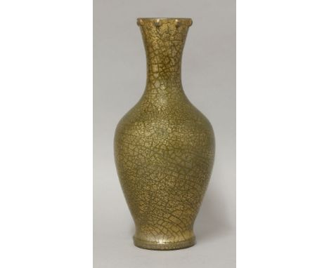 An Elton 'Sunflower' pottery vase,of slender fom with prunts to the rim, with a gold crackled glaze over a mustard ground, pa