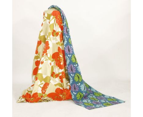 Two pairs of printed curtains,one set with printed flowers in red and green,147cm high x 113cm wide,the other set printed wit