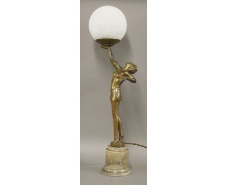 An Art Deco table lamp,in the form of a lady holding a globe shade, patinated spelter, on a marble plinth,65cm high