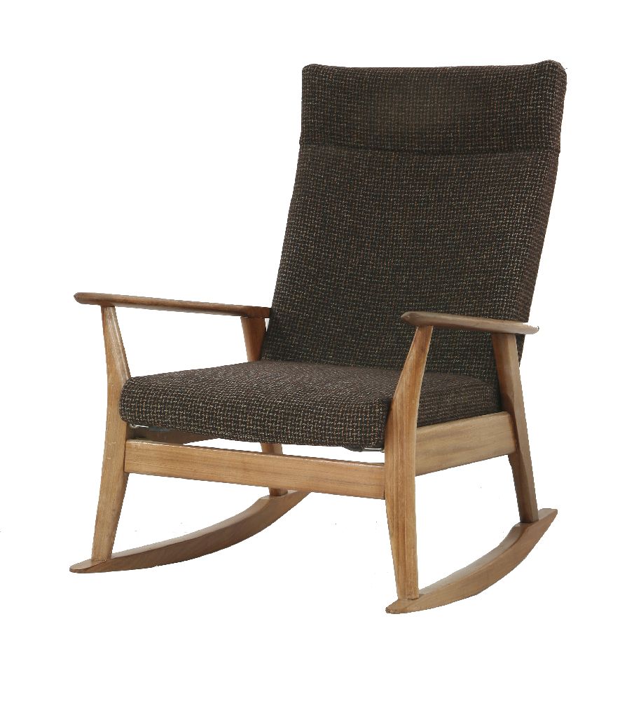 A teak rocking chair,by Furpro, with Harris tweed upholstered back and seat
