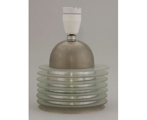 A French Art Deco table lamp,in the style of Desny, the base a chrome metal dome with glass rings,22.5cm high to top of socke