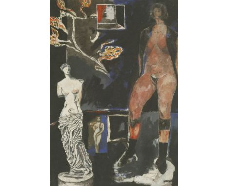 *Renos Loizou (Cypriot, 1948-2013)NUDE AND VENUS DE MILOSigned l.c., oil, watercolour and mixed media on handmade paper45 x 3
