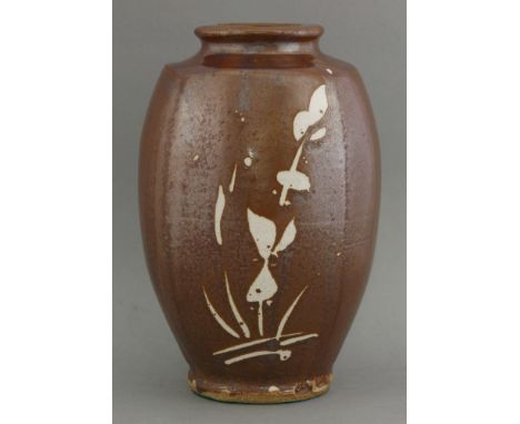 A tenmoku glazed vase,by Jim Malone (b.1946), with a simple brushed decoration, impressed seal and 'L.',26cm high