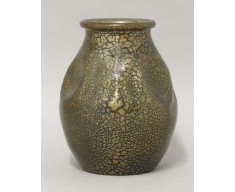 An Elton 'Sunflower' pottery vase,with a gold crackled glaze over a deep blue gound, with pinched shoulders, painted 'Elton' 