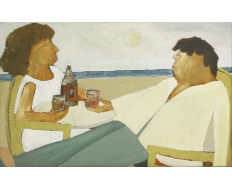 *Melville Hardiment (b.1915)'FENLAND COUPLE ON THE COSTA BRAVA' (Portrait of Alec and Ruby Johnson)Inscribed with title verso