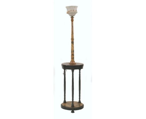 A turned ash(?) and penwork standard lamp,with a mottled glass shade, chipped,172cm high