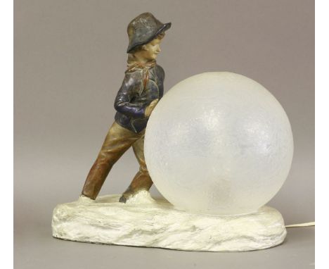 A terracotta table lamp,modelled as a boy rolling an oversized snowball, various marks and signed Nuchtel(?),28cm wide