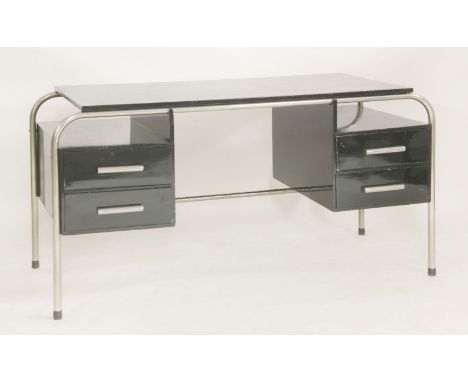 An ebonised and chrome desk,the rectangular top over a shelf each side and two drawers,140cm wide65cm deep72cm high